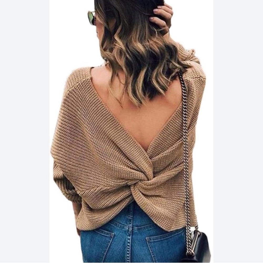 Love Tree Off-the-Shoulder Tan Sweater with Twist Back